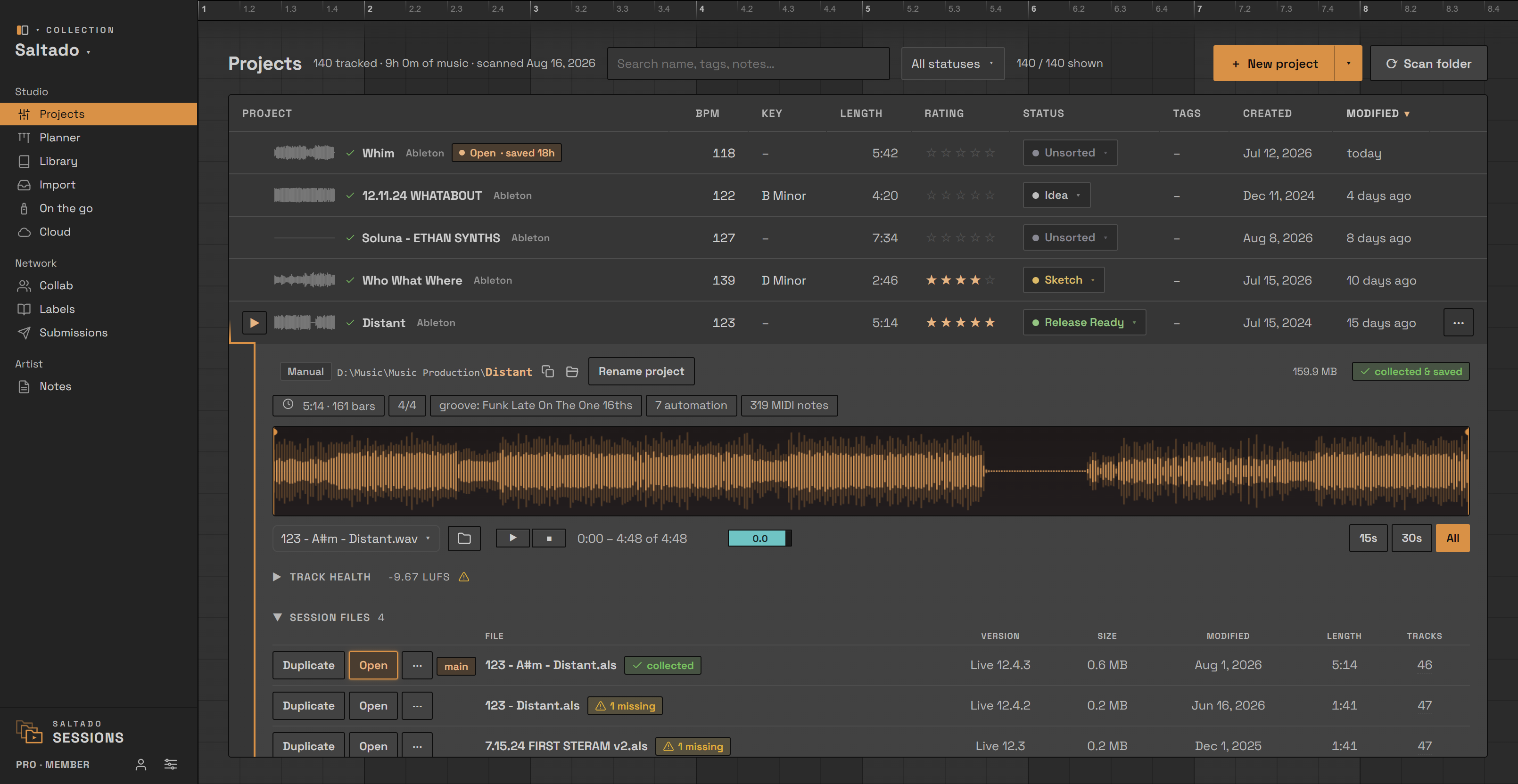 Saltado Sessions with a project expanded, showing its bounce as a waveform with a draggable preview window, play controls and 15s / 30s / All window lengths.